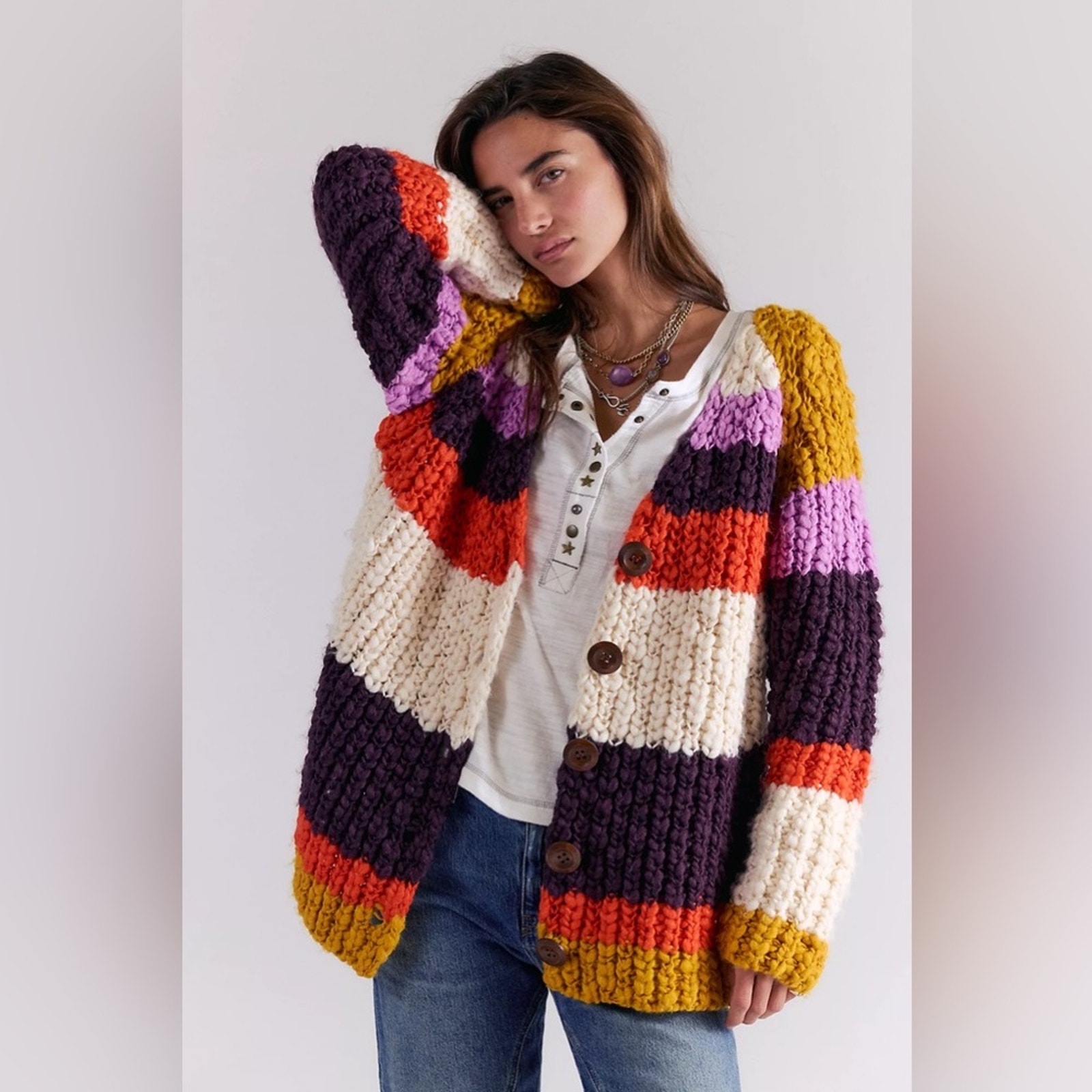 Free People Myles Stripe Chunky Knit Cardi